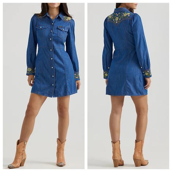 Wrangler x Yellow Rose by Kendra Scott size Small Embroidered Floral Denim Dress - Picture 1 of 8